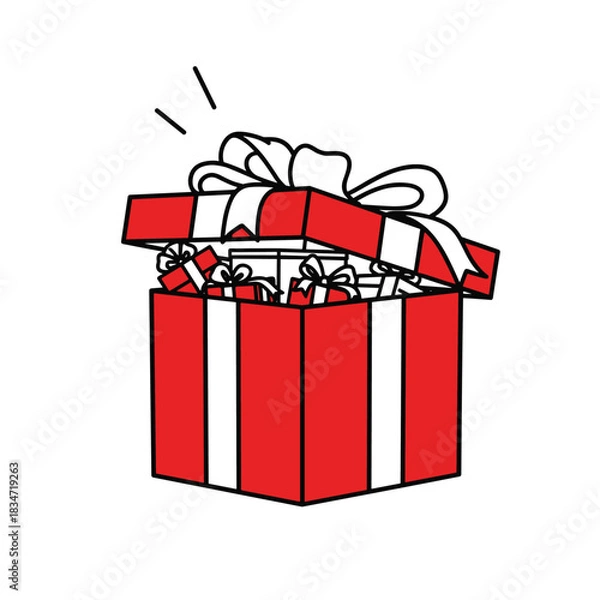 Obraz A vibrant red gift box with a white ribbon, slightly open to reveal smaller presents inside, radiating festive surprise and joy.