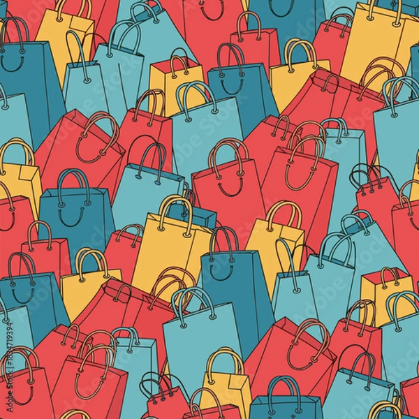 Obraz Seamless pattern featuring a vibrant mix of overlapping red, blue, and yellow shopping bags, perfect for retail and commerce themes.
