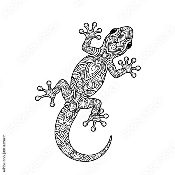 Obraz An intricately detailed black and white illustration of a gecko adorned with beautiful, spiritual mandala patterns, perfect for mindful coloring or decorative artwork.