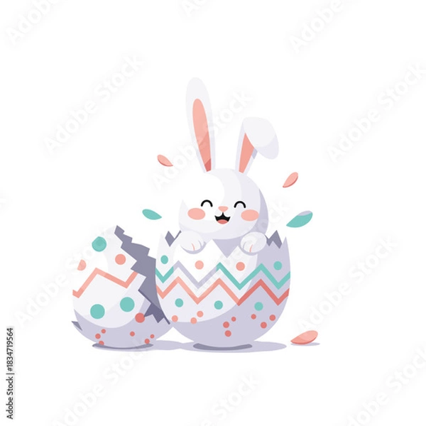 Obraz A cute white bunny happily hatches from a colorful Easter egg, surrounded by flying particles, symbolizing new beginnings and spring celebration.