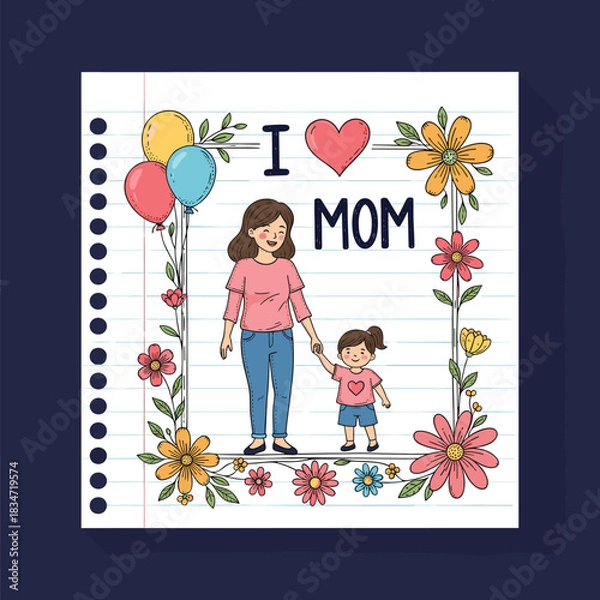 Obraz Sweet illustration of a mother and daughter holding hands on lined paper, framed by colorful flowers and balloons, with \.