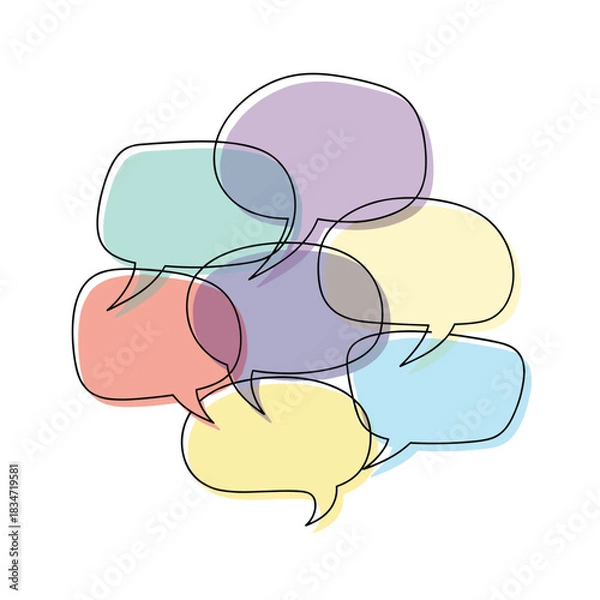 Obraz A vibrant array of transparent speech bubbles in soft pastel colors, signifying interconnected conversations, dialogue, and shared thoughts.