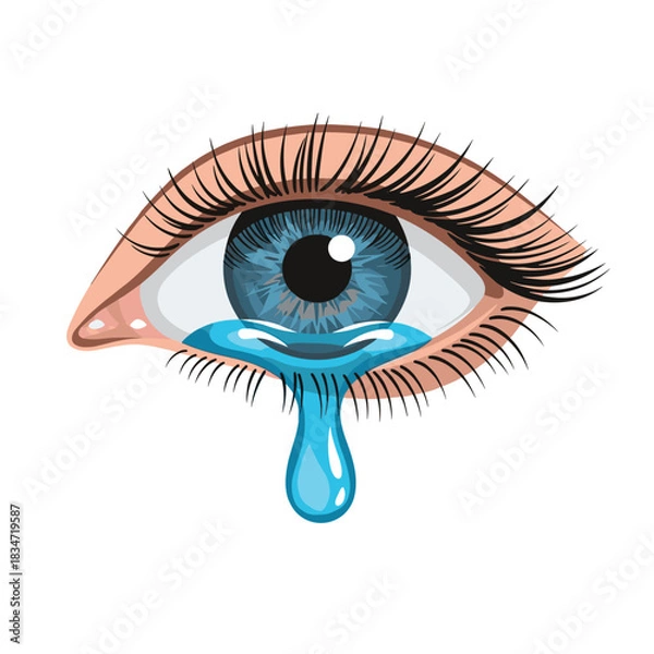 Obraz A striking illustration of a human eye with a vibrant blue iris shedding a single tear, conveying strong emotions like sadness or pain.