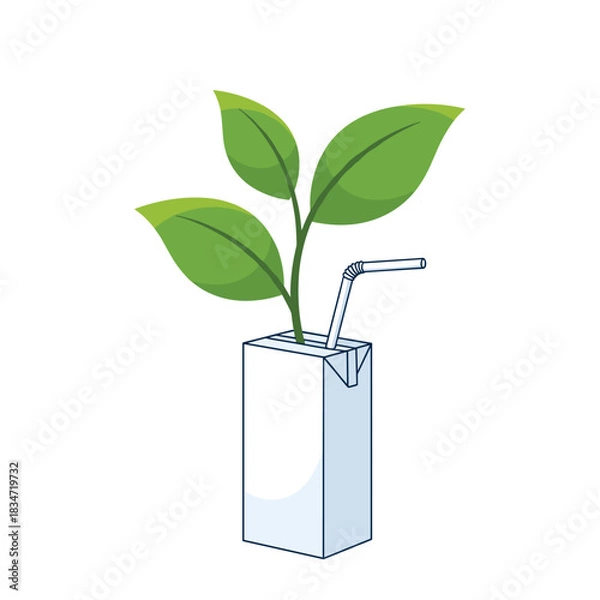 Obraz A vibrant green plant sprout and a straw rising from a white beverage carton, illustrating natural and sustainable drink concepts.