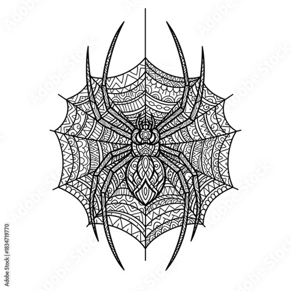 Obraz Intricate spider on a decorative web, designed for coloring books with mandala-style patterns and detailed lines, perfect for relaxation.