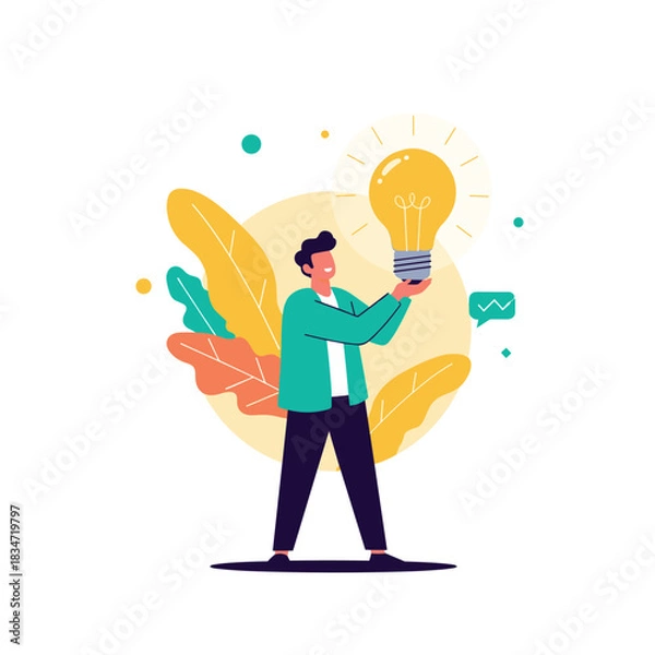 Obraz A cheerful man holding a glowing light bulb, symbolizing innovation, creativity, and the discovery of new ideas.