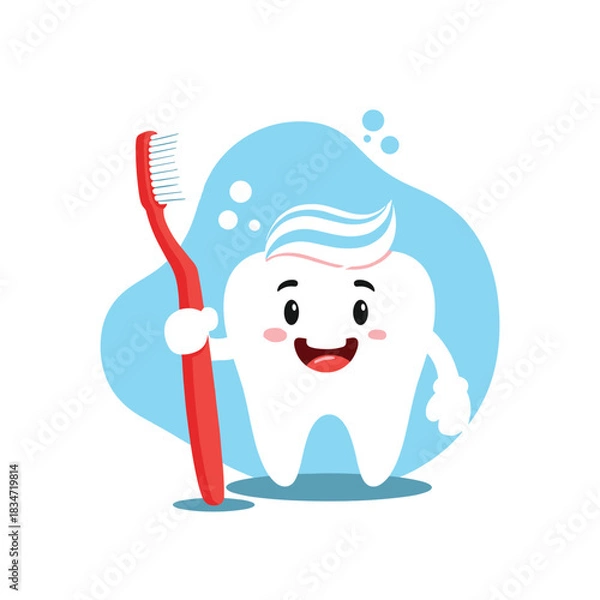 Obraz A cheerful cartoon tooth with a happy smile holds a red toothbrush, symbolizing dental hygiene and the importance of oral care.