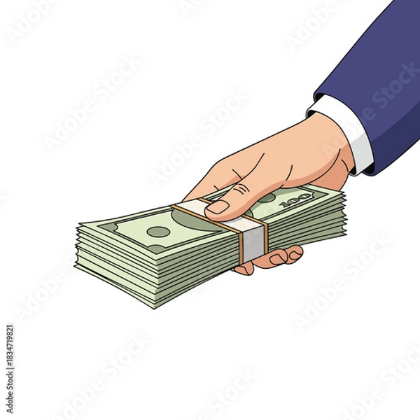 Obraz A person's hand, dressed in a business suit, is extending a large stack of banded hundred-dollar bills, symbolizing a financial transaction or payment.