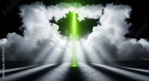 Fototapeta Mystical green beam piercing through dramatic clouds with light rays