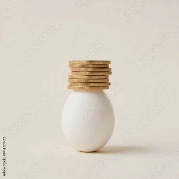 Fototapeta Fragile Economy Concept Lone Egg Balancing Precariously Under Stack of Gold Coins, High-Resolution Financial Risk & Investment