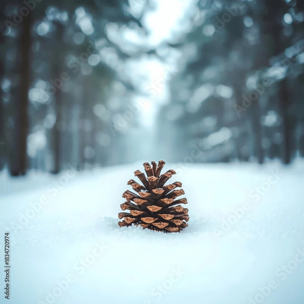 Fototapeta Winter Pine Cone Serenity Snow-Dusted Natural Detail on Frosted Forest Floor with Calm Bokeh Background