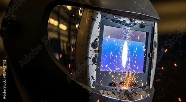 Fototapeta Protective Welding Shield Showcasing Intense Sparks During Metal Fabrication