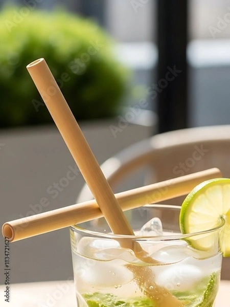 Fototapeta Refreshing summer drink with reusable bamboo straws for eco-conscious living