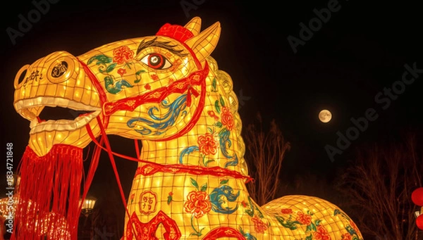 Fototapeta Magical Lunar New Year Illumination Glowing Horse Lantern Under a Radiant Full Moon for Marketing, Advertising, and Festive Design