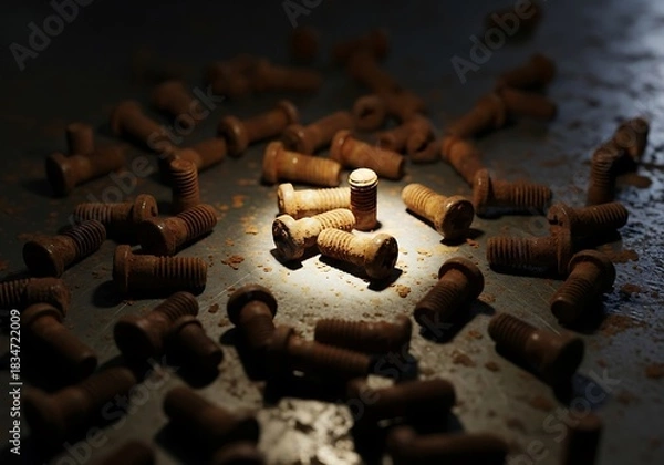 Fototapeta Rustic Bolts Arrangement on a Metallic Surface with Dramatic Lighting