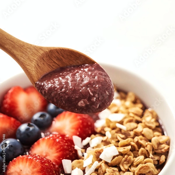 Fototapeta Vibrant Acai Bowl Action Shot Premium High-Resolution  of Healthy Superfood Breakfast with Spoon Scooping Fresh Toppings