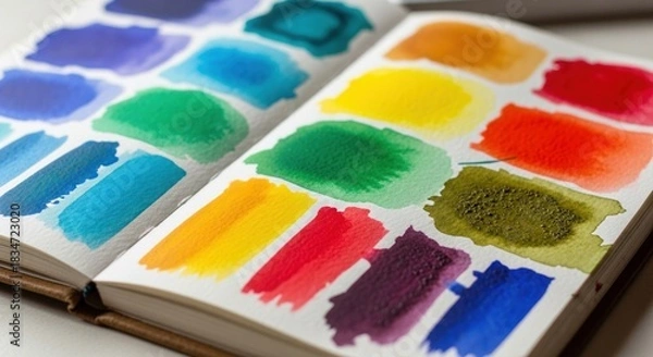 Fototapeta Watercolor Swatches in Open Sketchbook: Vibrant Colors and Artistic Exploration