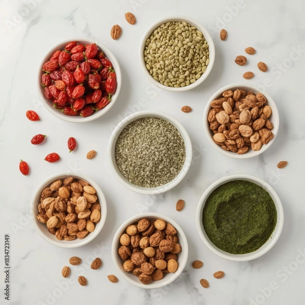 Fototapeta Vibrant Superfood Flat Lay High-Resolution Premium  of Goji Berries, Hemp Seeds, Spirulina & Nuts on White Marble