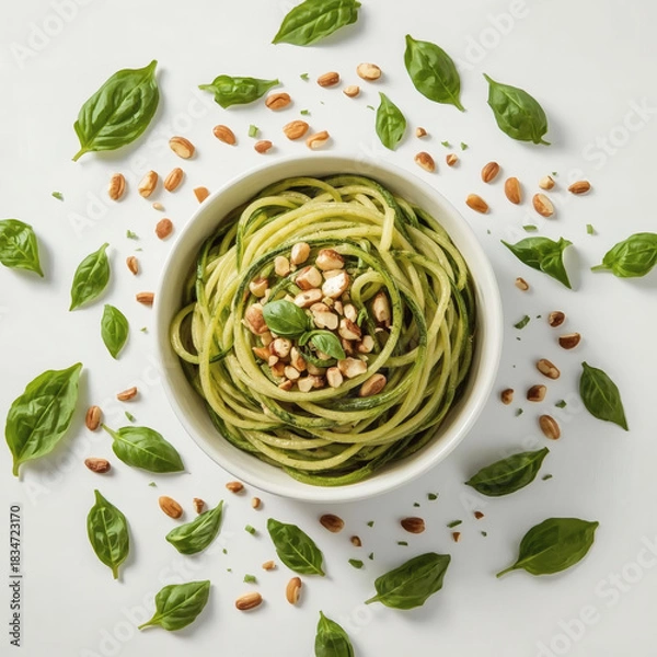 Fototapeta Fresh Raw Vegan Zucchini Pasta with Basil & Pine Nuts, High-Resolution Healthy Food, Gluten-Free Noodle, Clean Eating Lifestyle