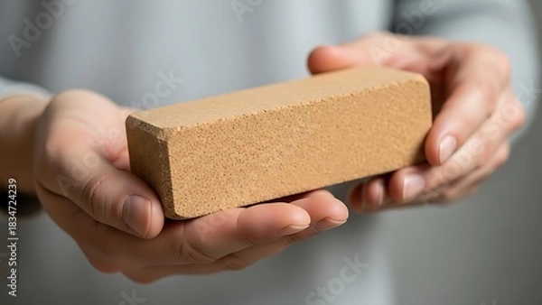 Fototapeta Textured block held carefully in hands, a study of color and shape