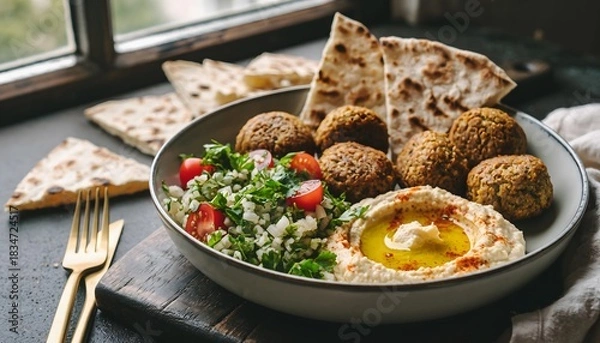 Obraz Delicious Mediterranean Hummus and Falafel Platter with Pita Bread and Salad