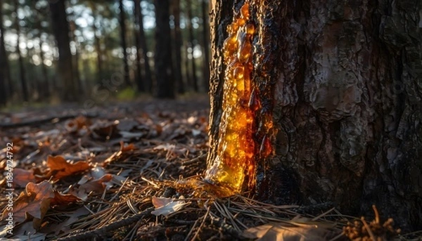 Obraz Close-up of tree trunk with resin, showing natural texture and environmental detail