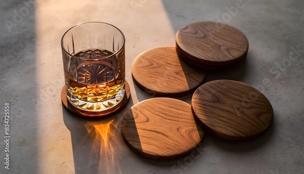 Obraz Elegant glass of whiskey on handcrafted wooden coasters during a relaxing golden hour moment