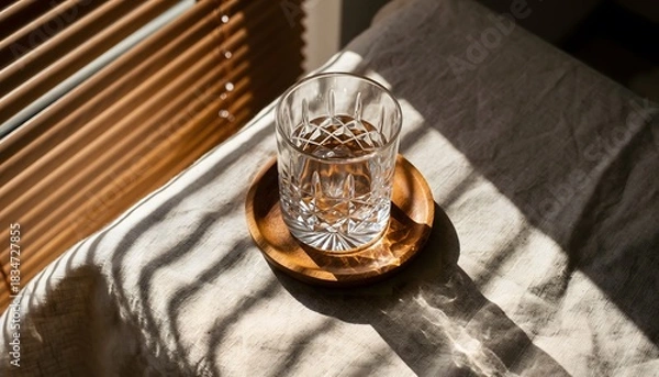 Obraz Refreshing Glass of Water on a Wooden Coaster with Sunlit Shadow Play