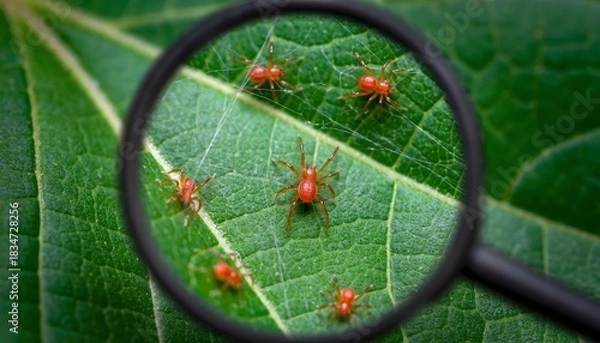 Obraz Close-up of magnifying glass revealing tiny red spider mites on a vibrant green leaf