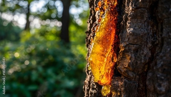 Obraz Close-up of golden amber colored resin flowing down the bark of a tree in a sunlit forest
