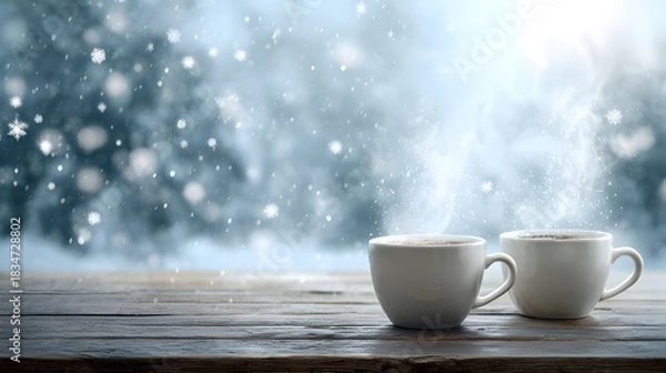 Obraz 雪景色を背景に置かれたカップのある空間