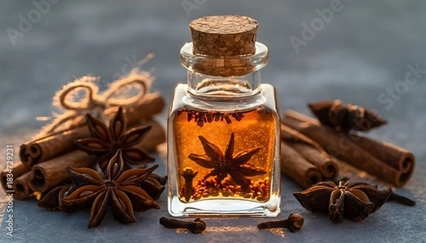 Obraz Aromatic Spice Infusion in a Corked Glass Bottle with Cinnamon and Star Anise