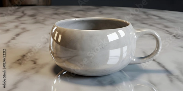Obraz Clean white coffee mug on a marble surface, soft lighting, reflections.