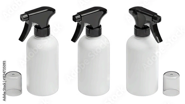 Fototapeta Three White Spray Bottles With Black Trigger Sprayers And Caps Lined Up Against A Clean Transparent Background For Easy Design Integration