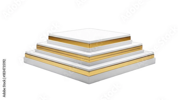 Fototapeta Tiered Pyramid Display Stand with Gold Trim and White Surfaces on a Transparent Background Showcasing a Luxurious and Elegant Presentation Platform