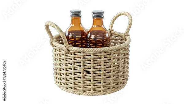 Fototapeta Two Amber Glass Bottles with Metal Caps Arranged in a Woven Rope Basket with Handles on a Transparent Background Ideal for Product Display and Design Projects