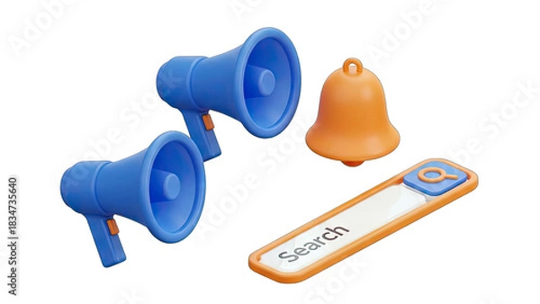 Fototapeta Two Blue Megaphones An Orange Bell And A Search Bar Element Representing Communication Announcement And Online Search In A 3D Render On A Transparent Background
