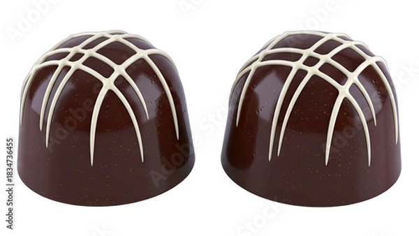 Fototapeta Two Dark Chocolate Truffles With White Chocolate Drizzle Design On A Transparent Background Studio Shot Macro View Detailed Texture