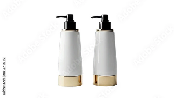 Fototapeta Two Elegant White And Gold Soap Dispensers With Black Pump Tops Isolated On A Black Background With A Transparent Background Option Ready For Design Applications