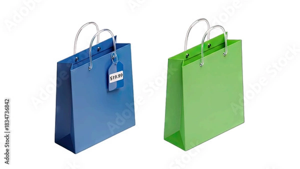 Fototapeta Two Empty Paper Shopping Bags One Blue One Green Displayed Side By Side With Handles Isolated On Transparent Background With Soft Shadows And Clean Lighting