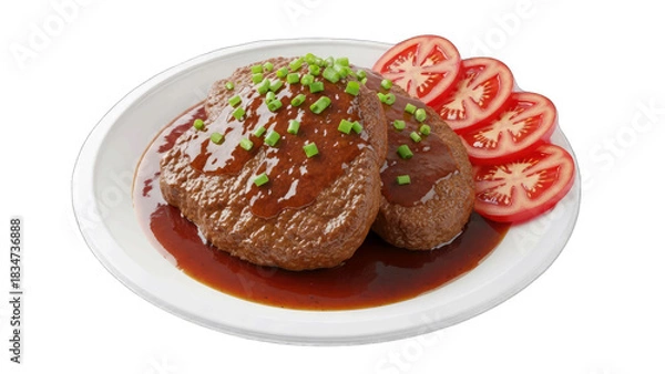 Fototapeta Two Juicy Hamburgers Covered in Savory Brown Sauce Topped with Chopped Green Onions Served with Sliced Fresh Red Tomatoes on a White Plate with a Transparent Background