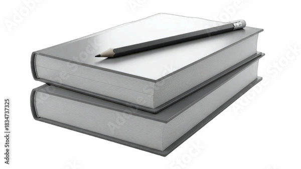 Fototapeta Two Stacked Gray Hardcover Books with a Black Pencil on Top Isolated on Transparent Background Studio Lighting Detailed Realistic Rendering