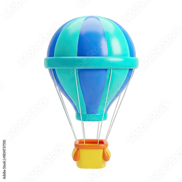 Fototapeta Vibrant 3D Rendered Hot Air Balloon With Blue And Teal Stripes And Yellow Basket Isolated On A Clean White Background With Soft Studio Lighting