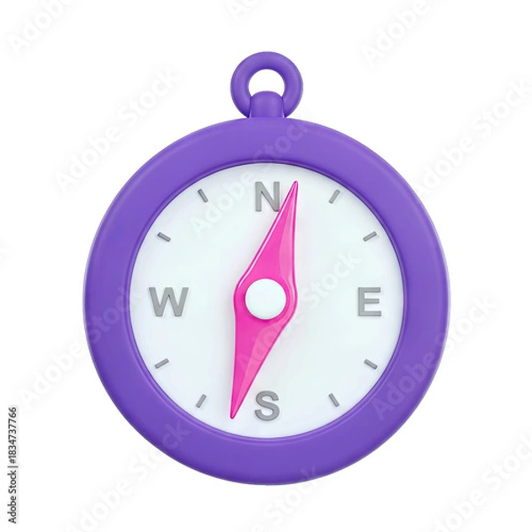 Fototapeta Vibrant Purple 3D Compass With Pink Needle Accurately Pointing North On A Clean Transparent Background For Navigation And Direction Concepts