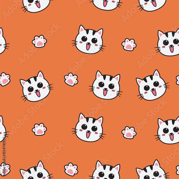 Fototapeta Flat cartoon seamless pattern of cute cat paws and cat faces on red background