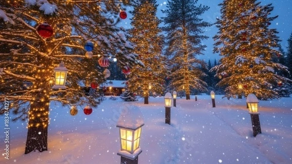 Fototapeta Winter Wonderland Snow-Covered Path Lit by Lanterns Leading to Cozy Cabin
