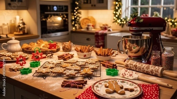 Fototapeta Homemade Christmas cookies on a flour-dusted countertop in a warmly decorated kitchen, capturing the sweet tradition of holiday baking