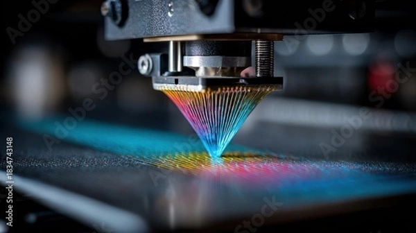 Fototapeta Close-up of a 3D printer head creating colorful patterns.