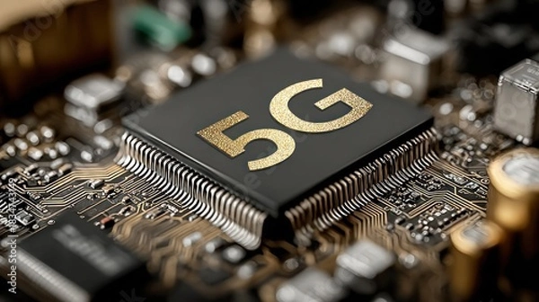 Fototapeta Close-up of a 5G microchip on a circuit board, symbolizing advanced wireless technology and connectivity.