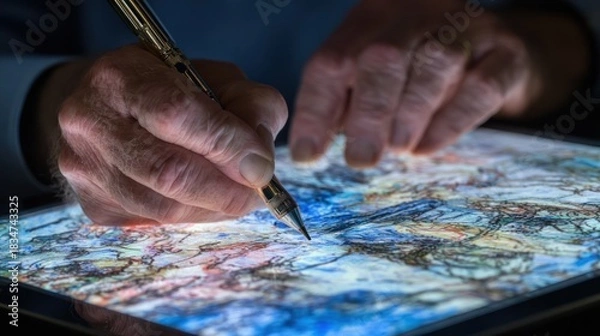 Fototapeta Close up of hands drawing on a glowing map with a pen.